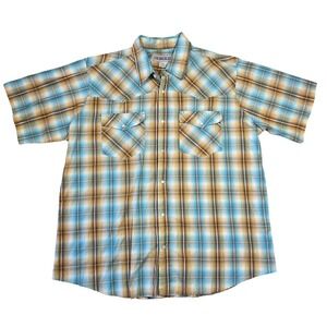 Horizon Mens 2XL Western Snap Shirt Plaid Short Sleeve Blue Pearl Snap Cowboy